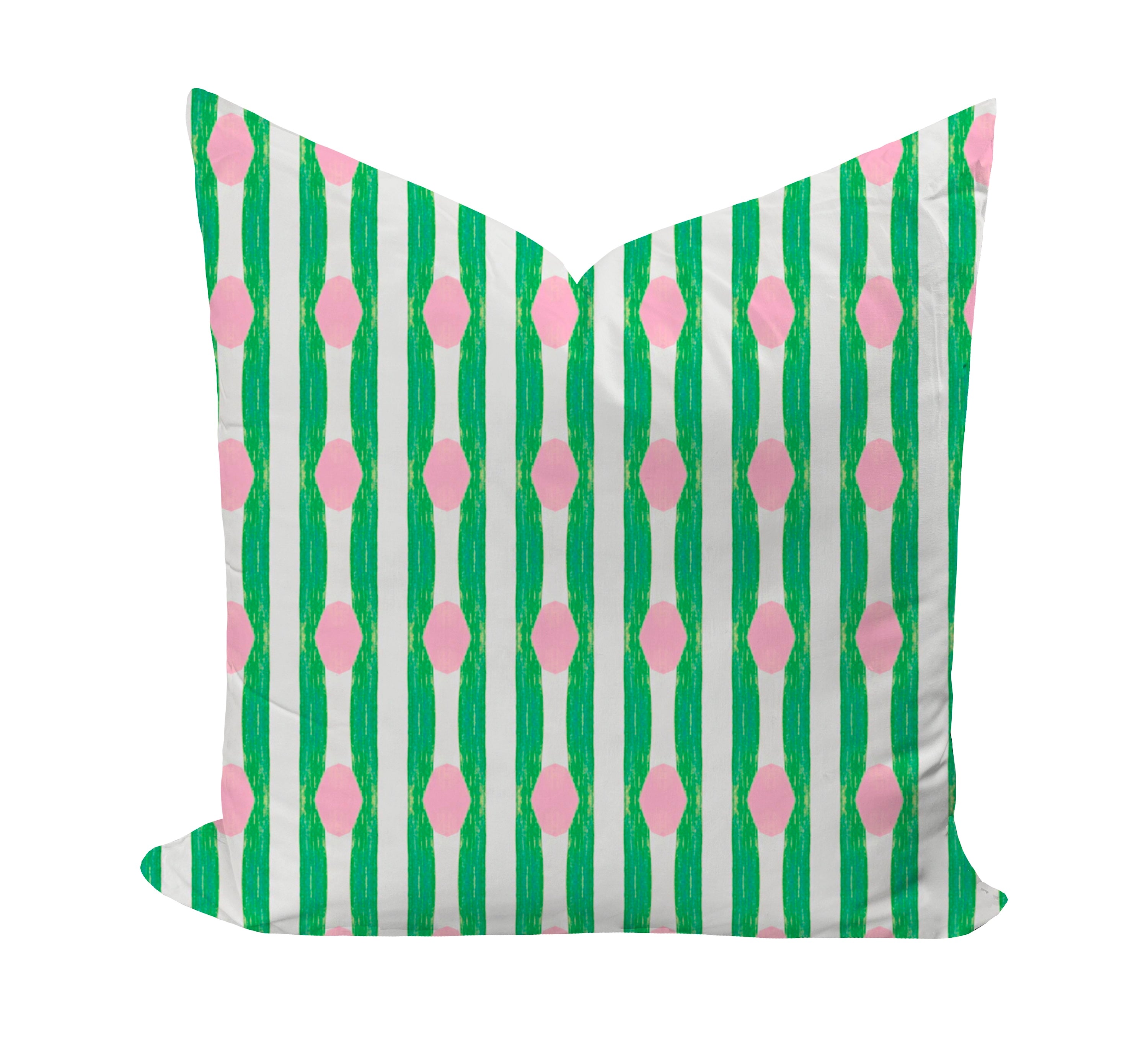 Decorative pillow with green and white striped pattern and pink diamond shapes on a white background