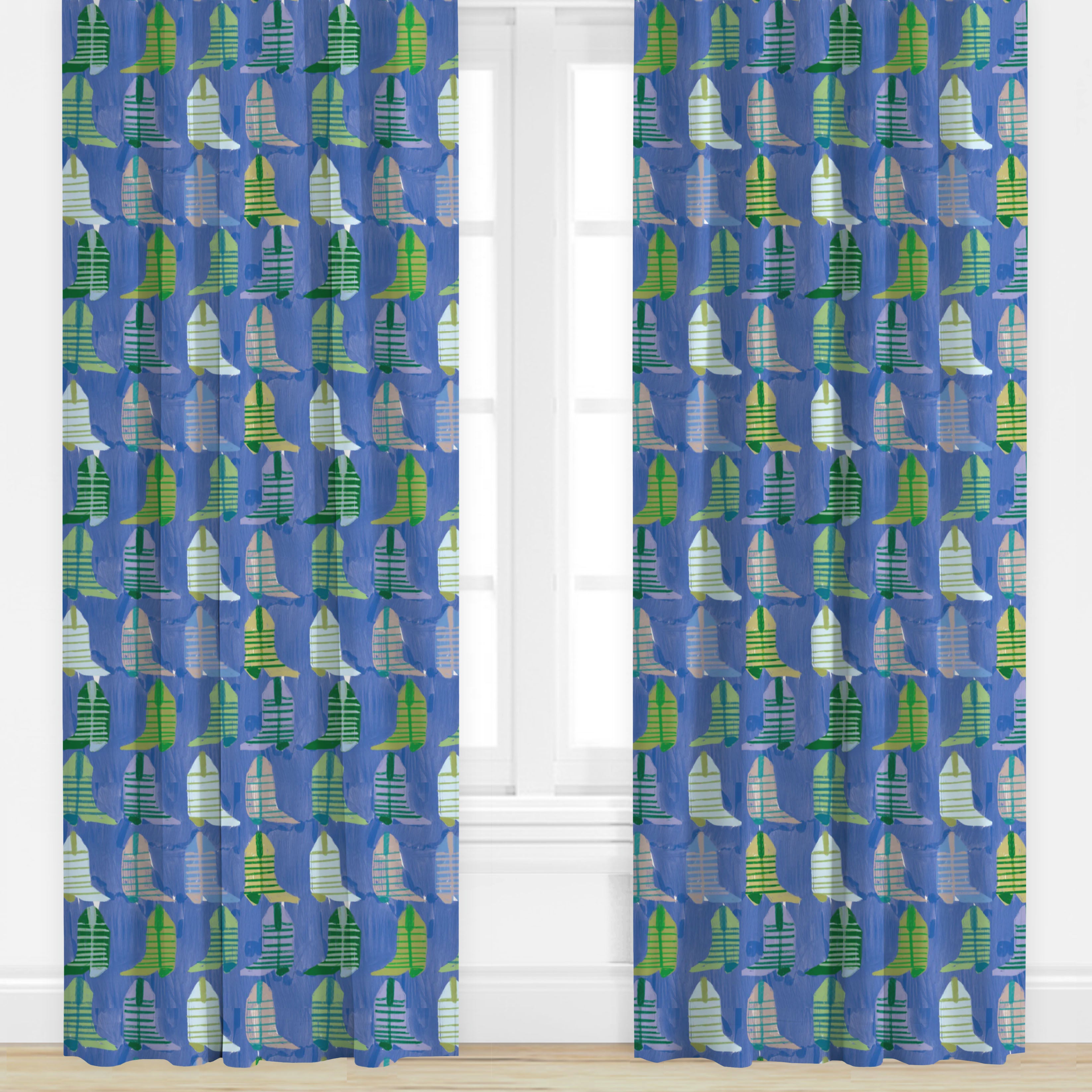 Cowboy boot patterned drapes in blue