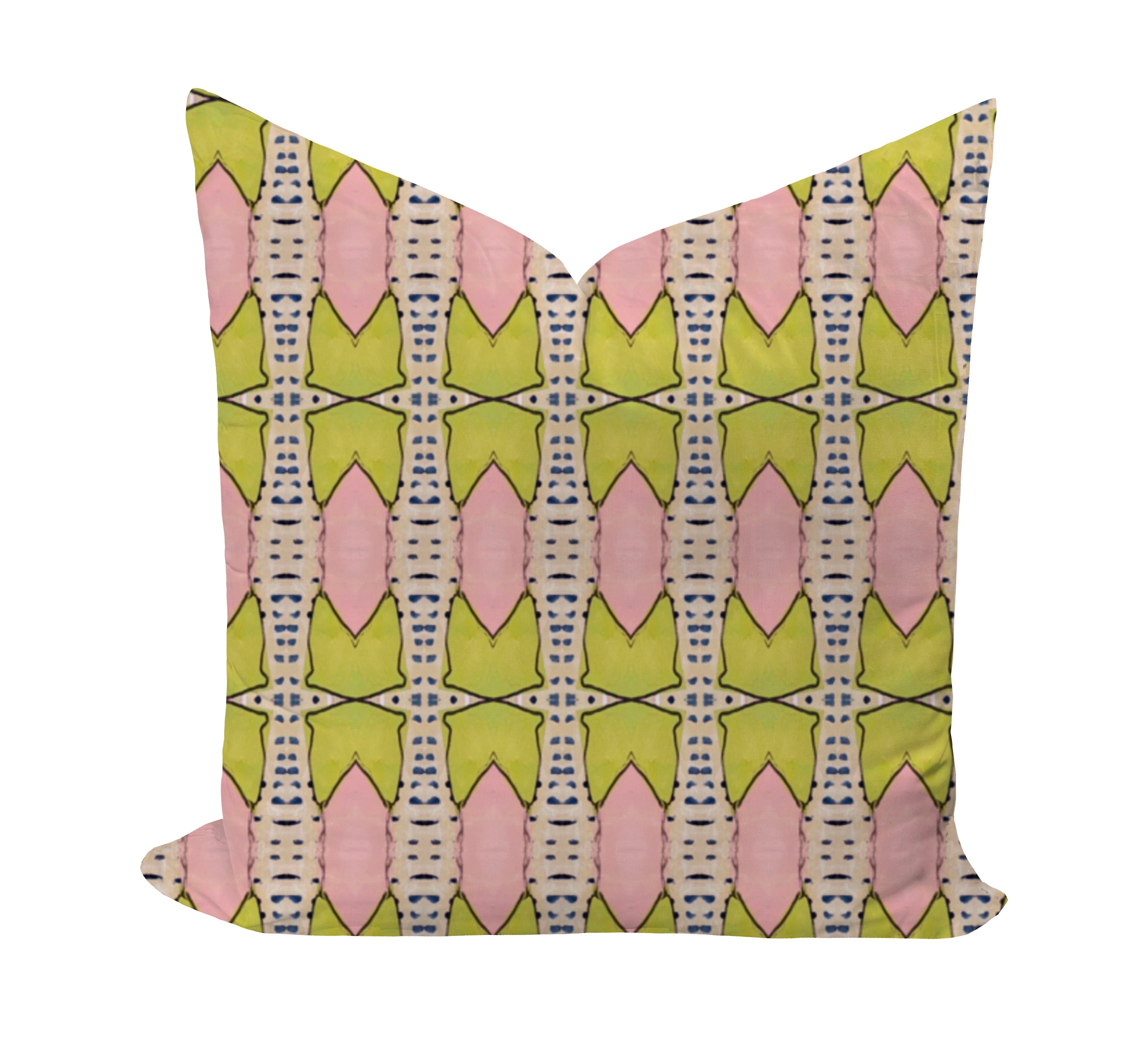 Decorative pillow with pink and green geometric pattern on a white background