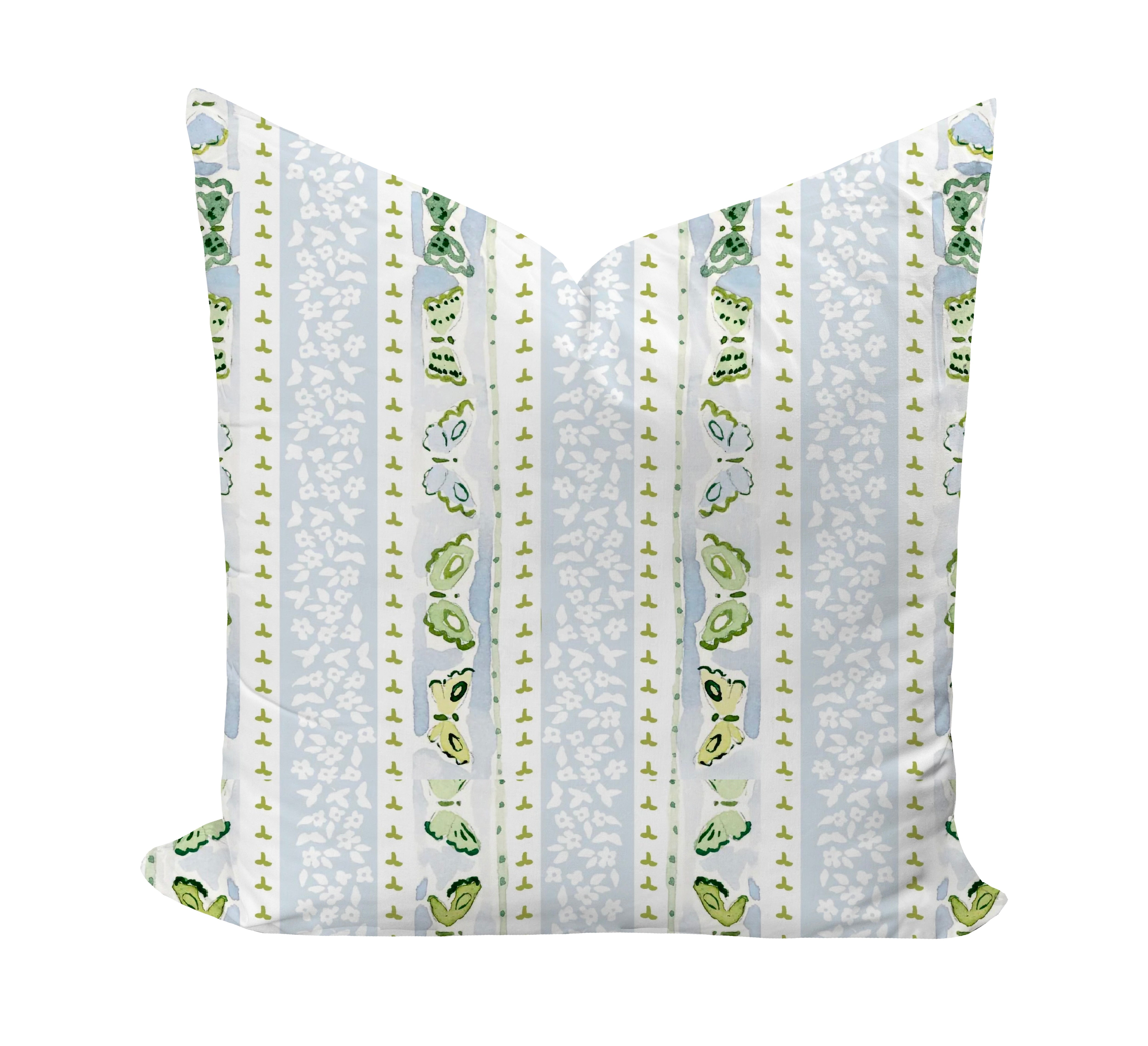 Pillow cover featuring butterflies in bue and green by evelyn henson