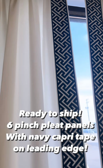 Ready to Ship - Pinch pleat panels cotton with navy tape, 103”