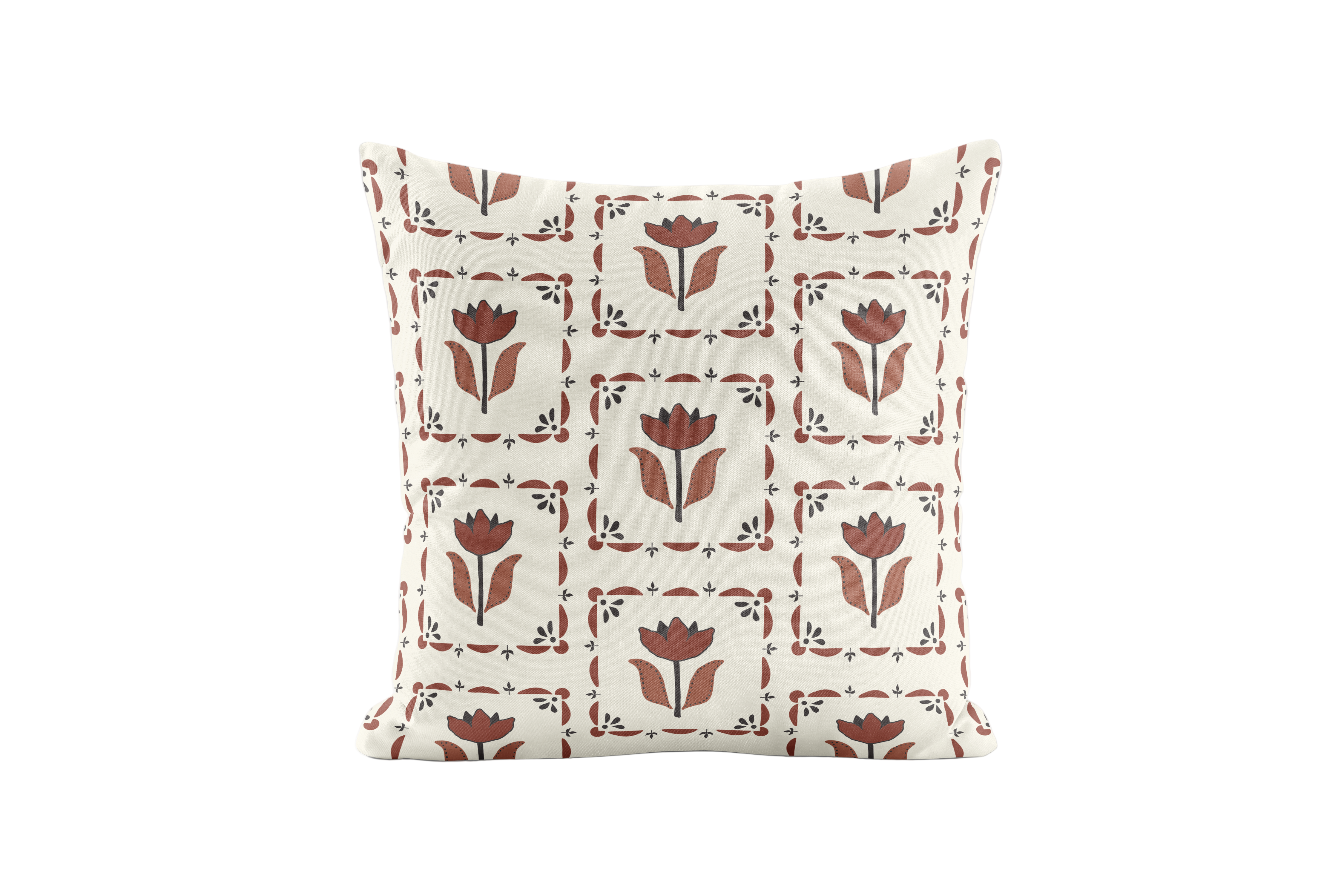 Decorative pillow with black and brown floral pattern on a plain background