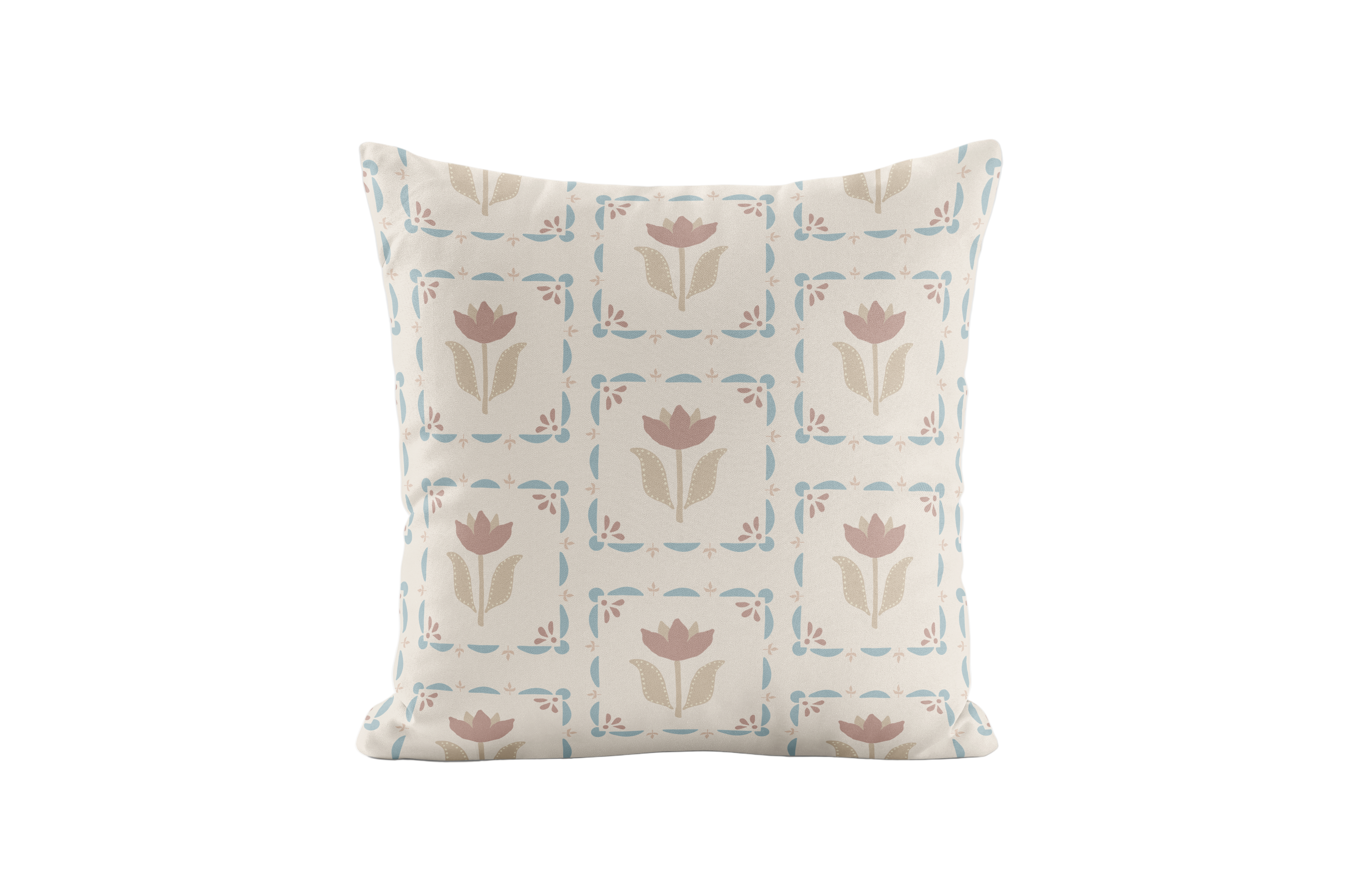 Decorative pillow with taupe & blue floral pattern