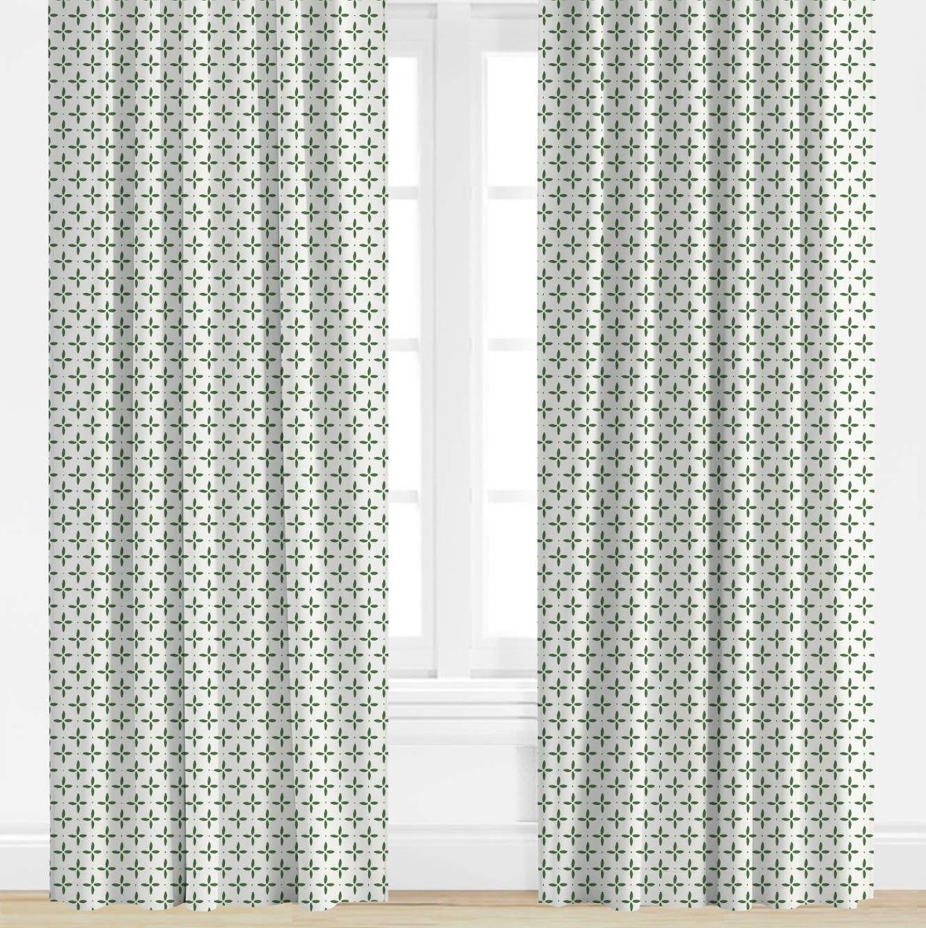 Green star Patterned curtains on a window with a white background