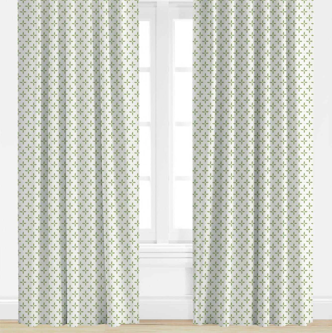 green, star Patterned curtains on a window with a light background