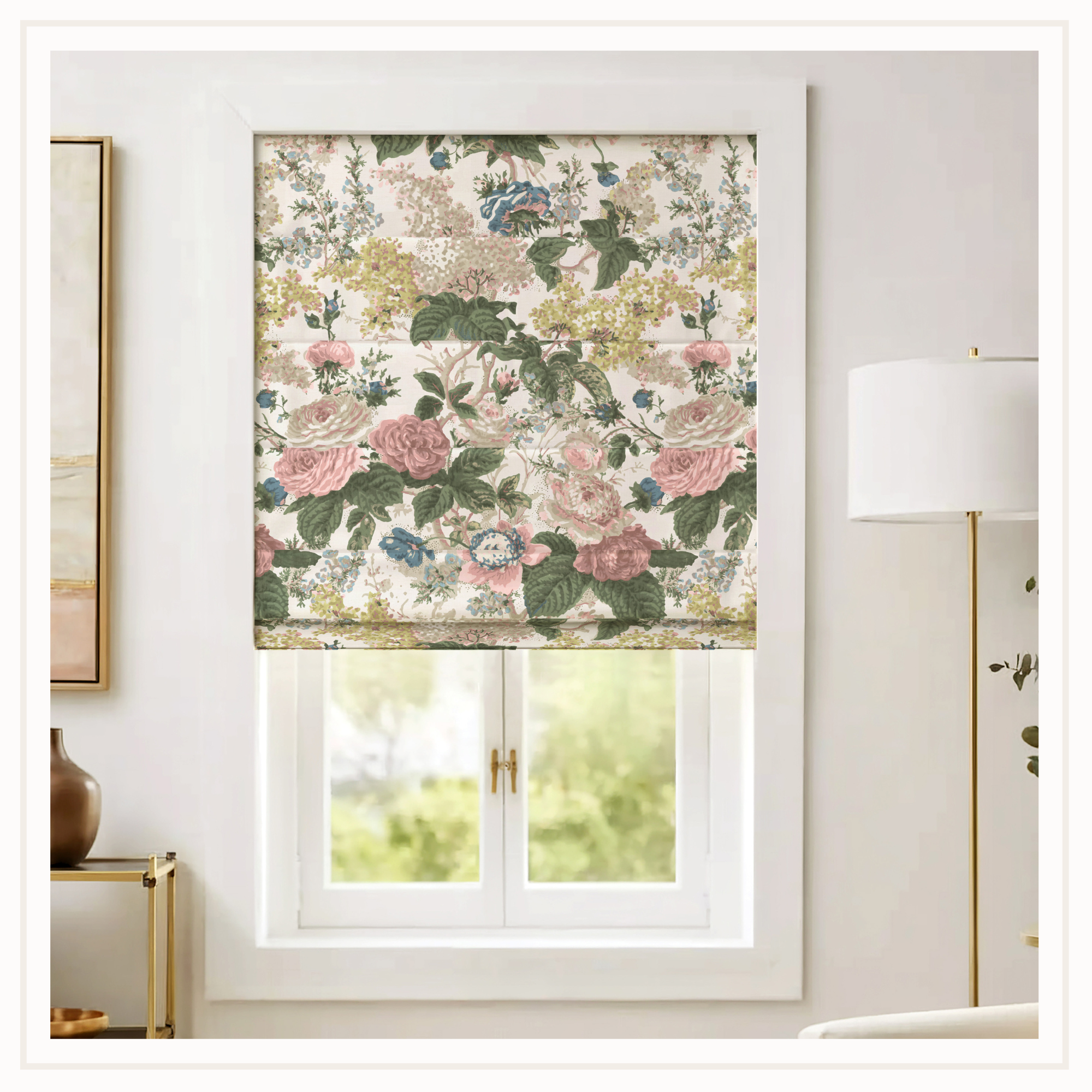 Floral Roman Shade in pink, green, blue and gold.