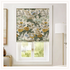 A raomn shade with a vintage floral pattern in gold, green, and blue.  