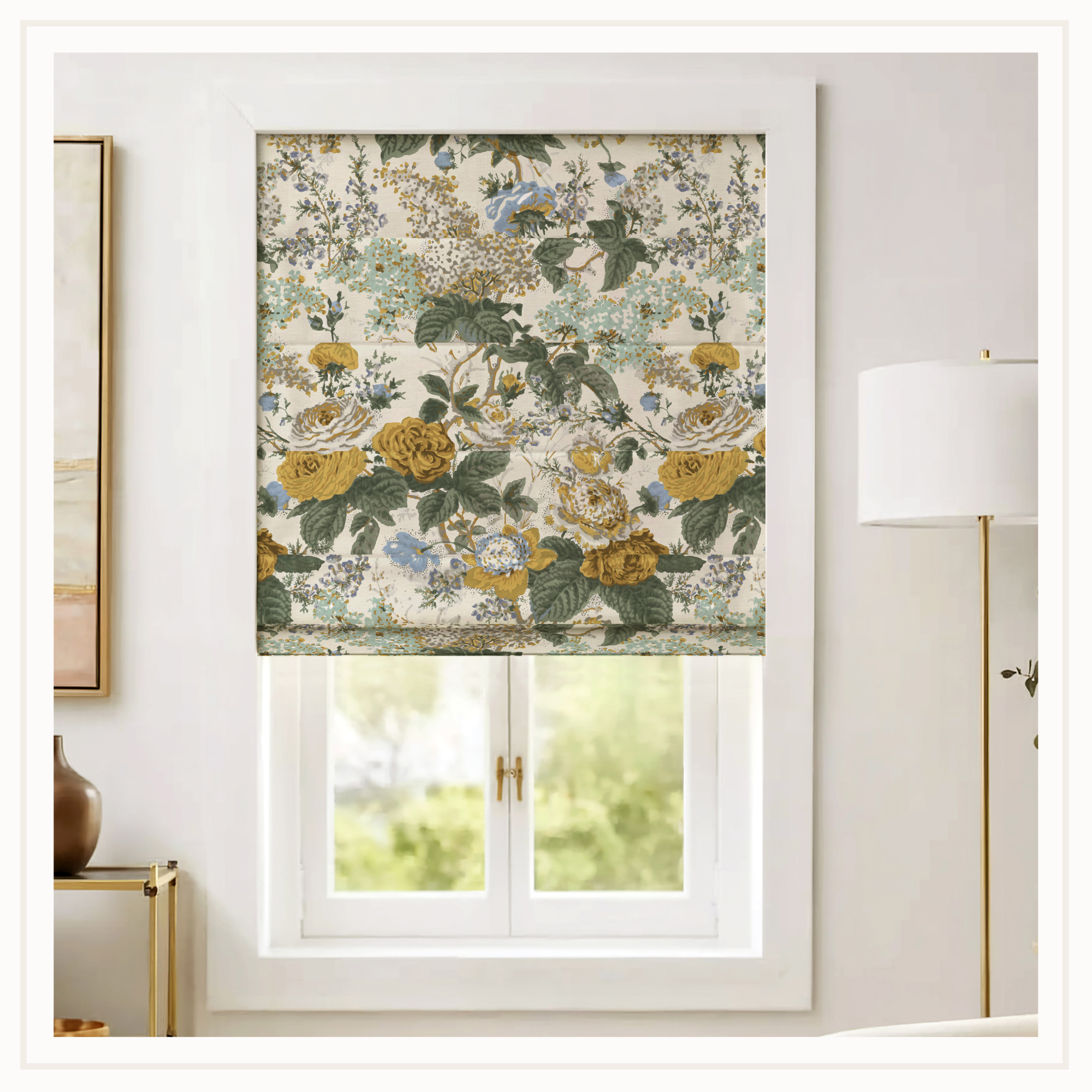A raomn shade with a vintage floral pattern in gold, green, and blue.  