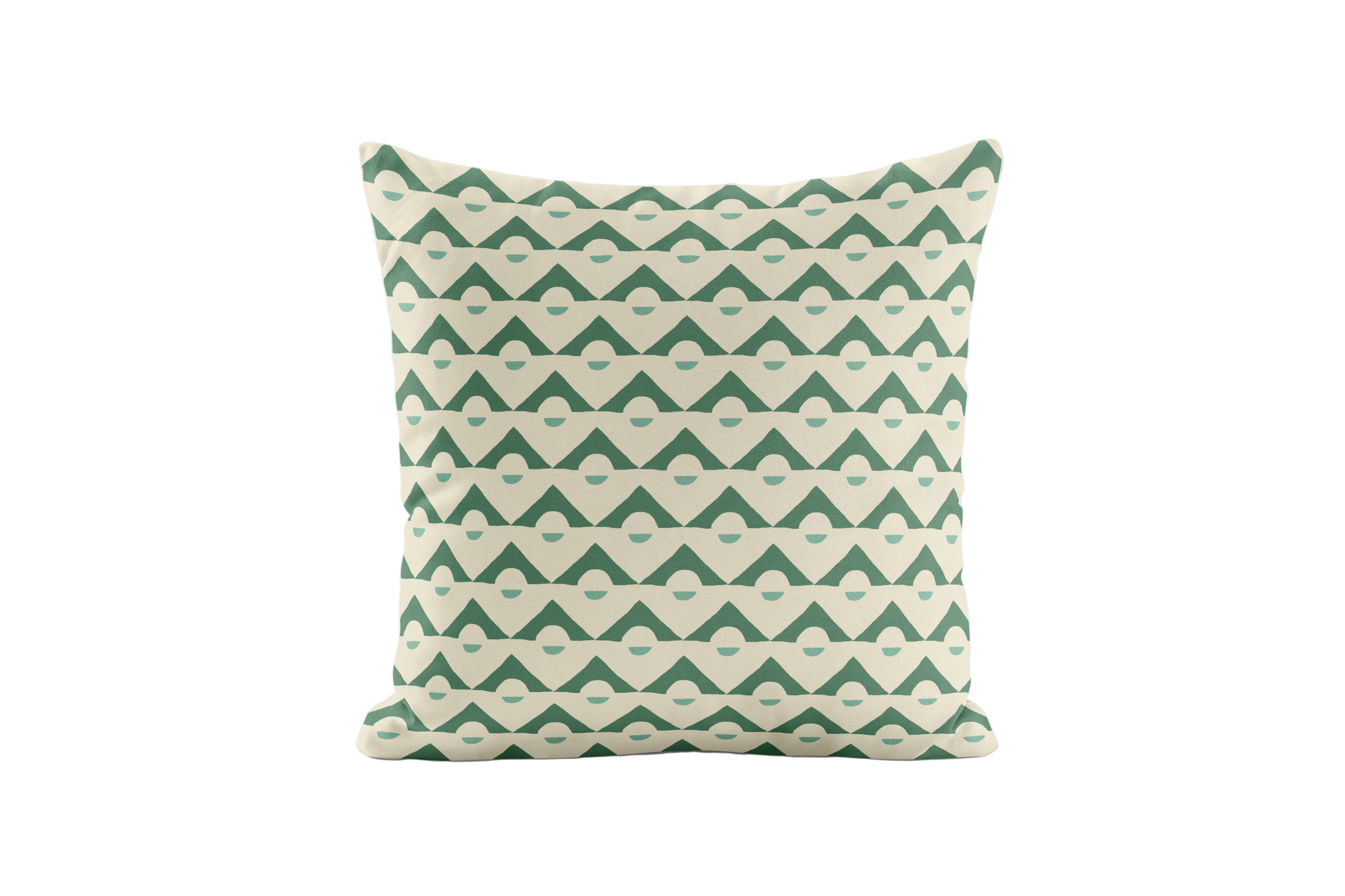 Decorative pillow with green geometric pattern on a white background