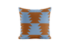 Decorative pillow with blue and brown geometric pattern on a white background