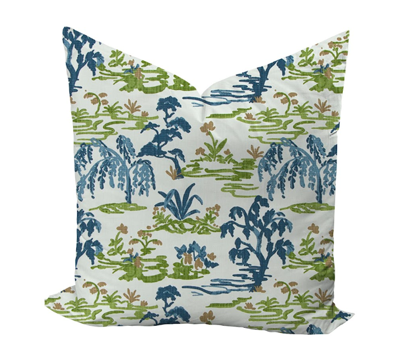 Pillow cover featuring trees and grasslands in blue and green
