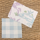 Sample bedroom set of blue and purple fabrics