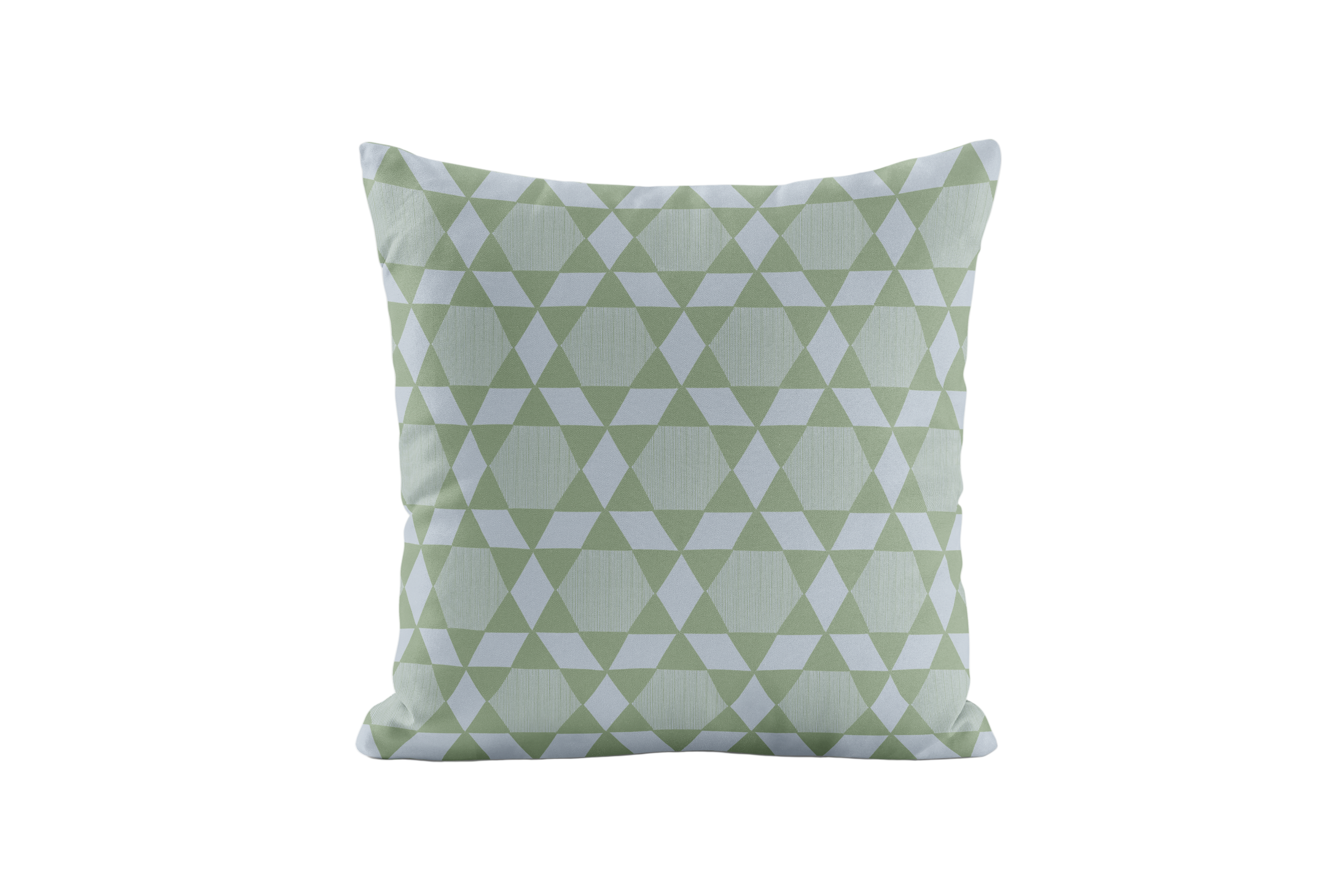 Green and blue geometric patterned pillow on a white background