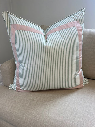 Classic Ticking with Solid Mitered Square Box Pillow Cover