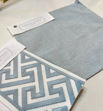 Pale Blue Cotton with Corfu in Arctic Tape Drapery Panel (Stain & Soil Repellant)