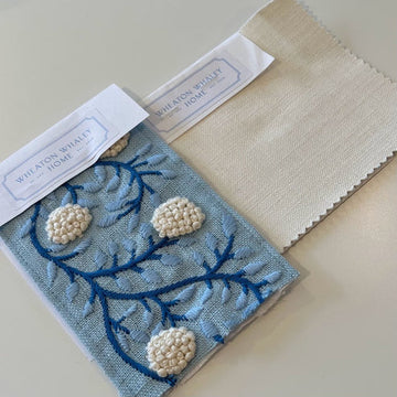 Ashoka Tape in Ivory & Blue on Off White Cotton Drapery Panel (Soil & Stain Resistant)