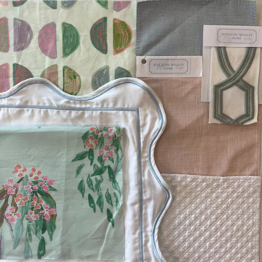 Collection of fabric swatches with various patterns and textures, featuring a brand label.