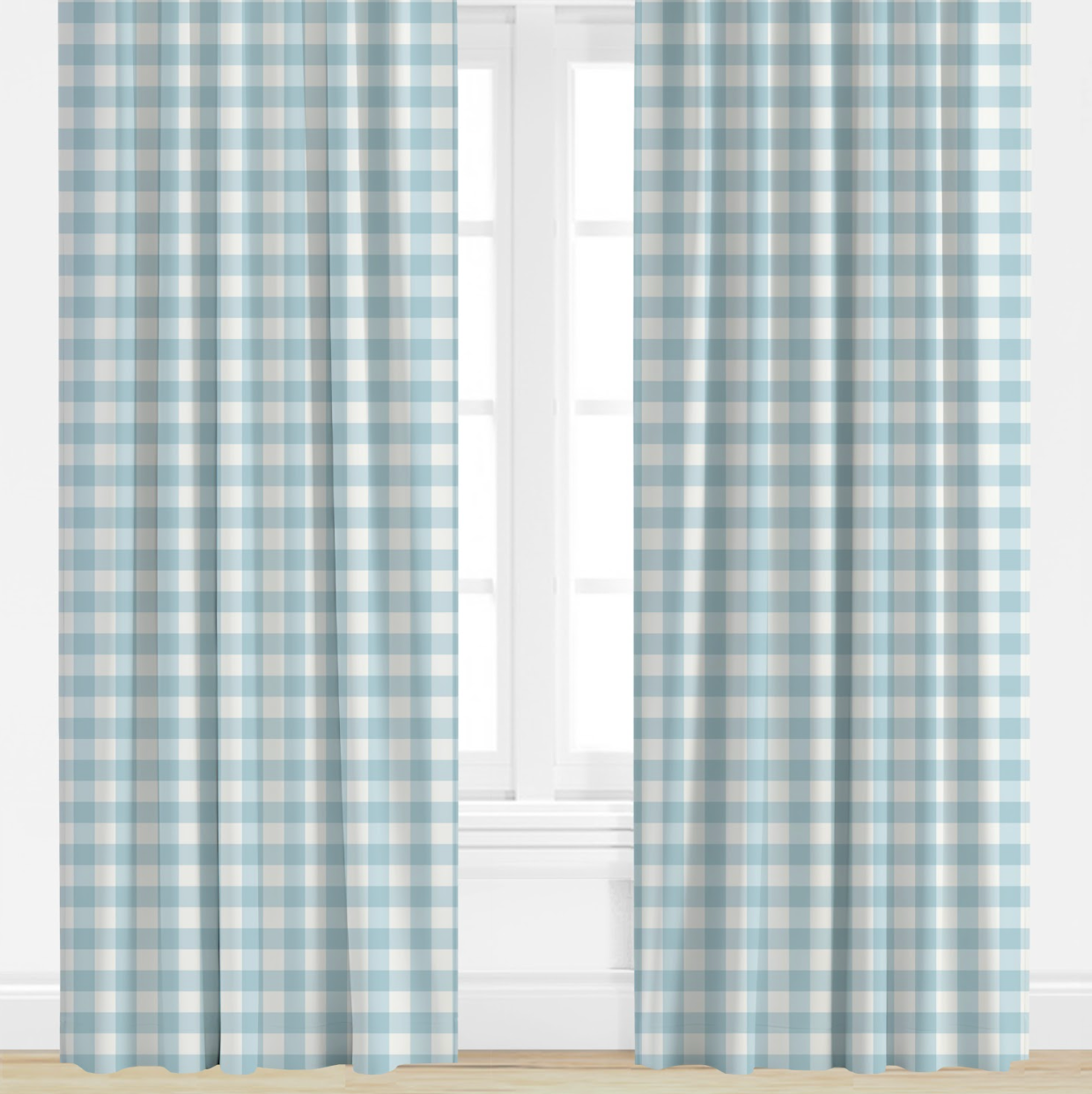 Blue and white checkered curtains on a window with a white wall background