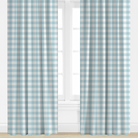 Blue and white checkered curtains on a window with a white wall background