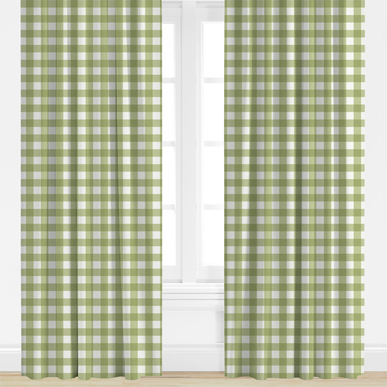 Green and white checkered curtains on a window with a white wall background