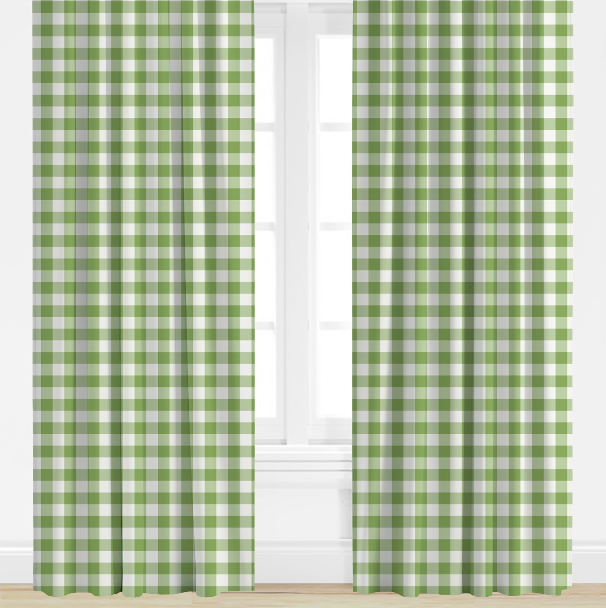 Green and white checkered curtains on a window with a white wall background