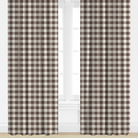 Pair of brown and white checkered curtains on a window.