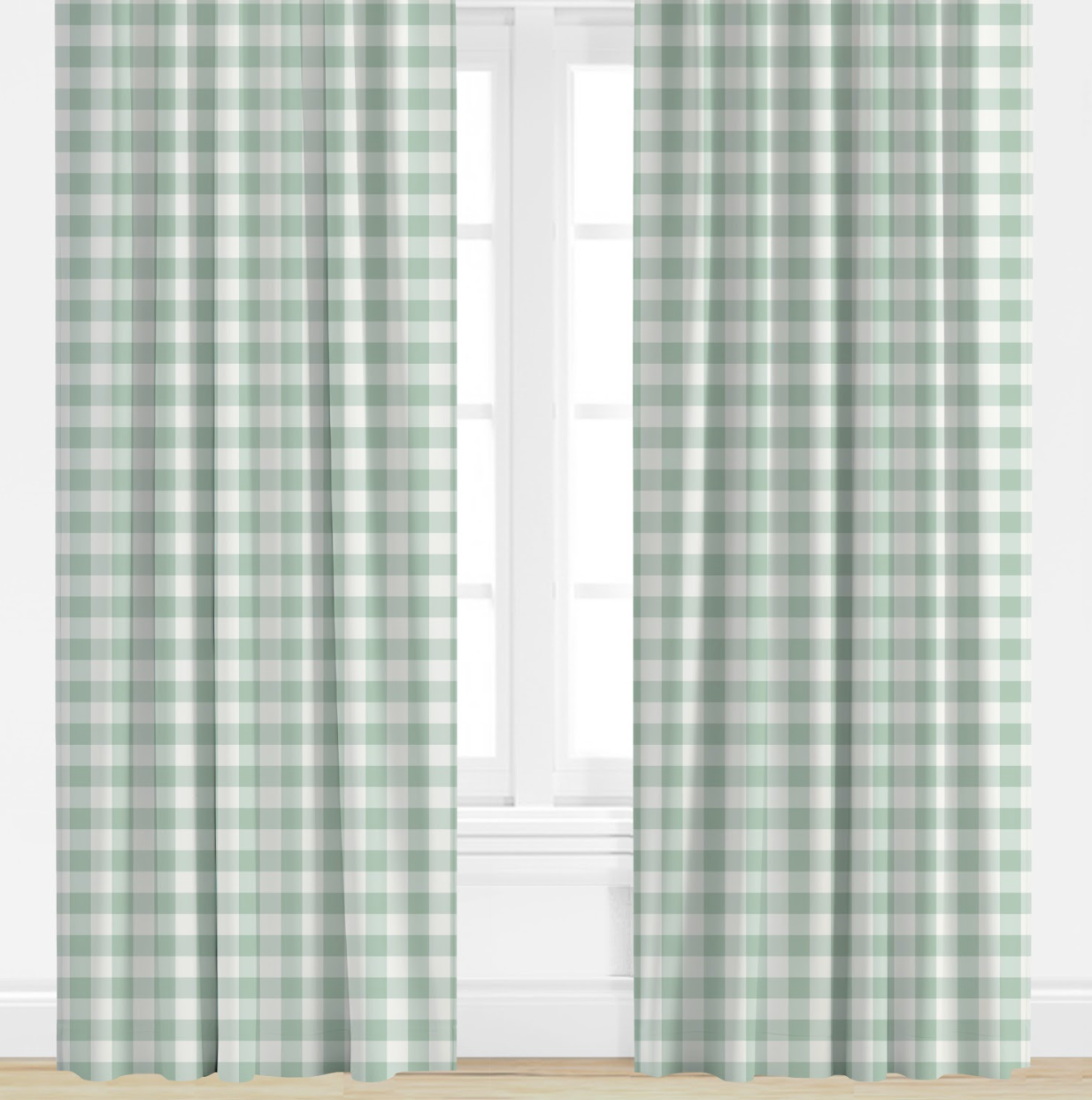 Blue Green and white checkered curtains on a window with a white wall background