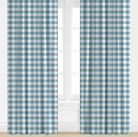 Blue and white checkered curtains on a window with a white wall background