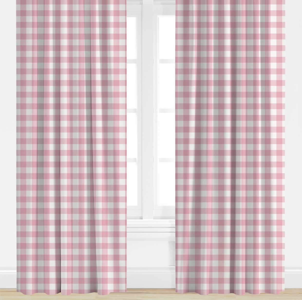 Pink and white checkered curtains on a window with a white background