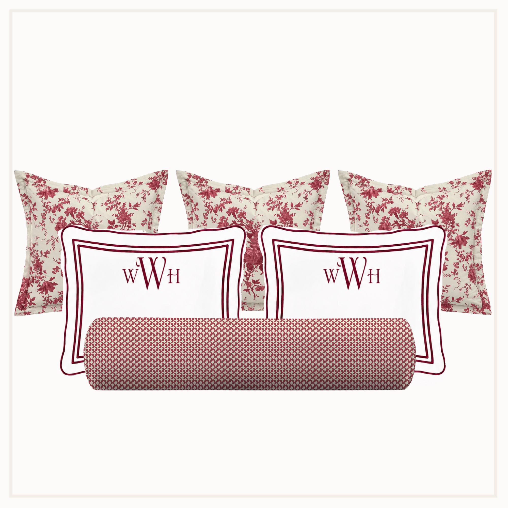 Set of pillows with floral and patterned designs on a white background