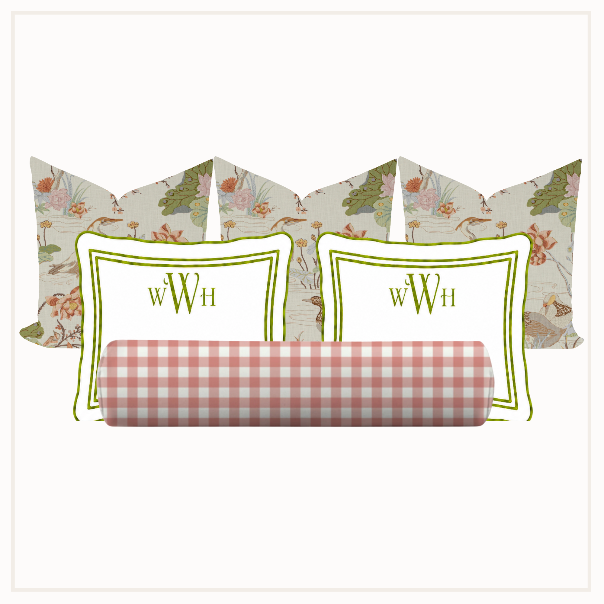 Set of decorative pillows with floral patterns and a checkered pillow on a white background