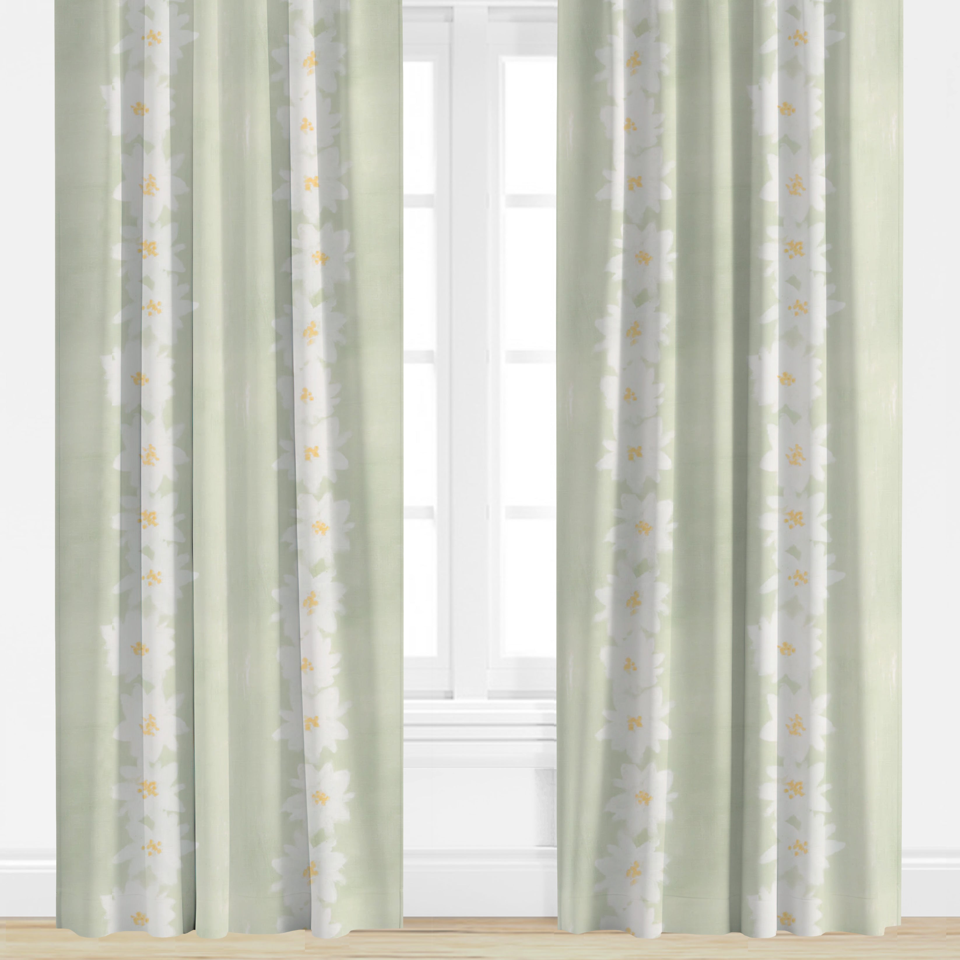 Daisy patterned drapery panel in green