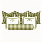 Set of green patterned pillows with monogram 'WWH' on a white background