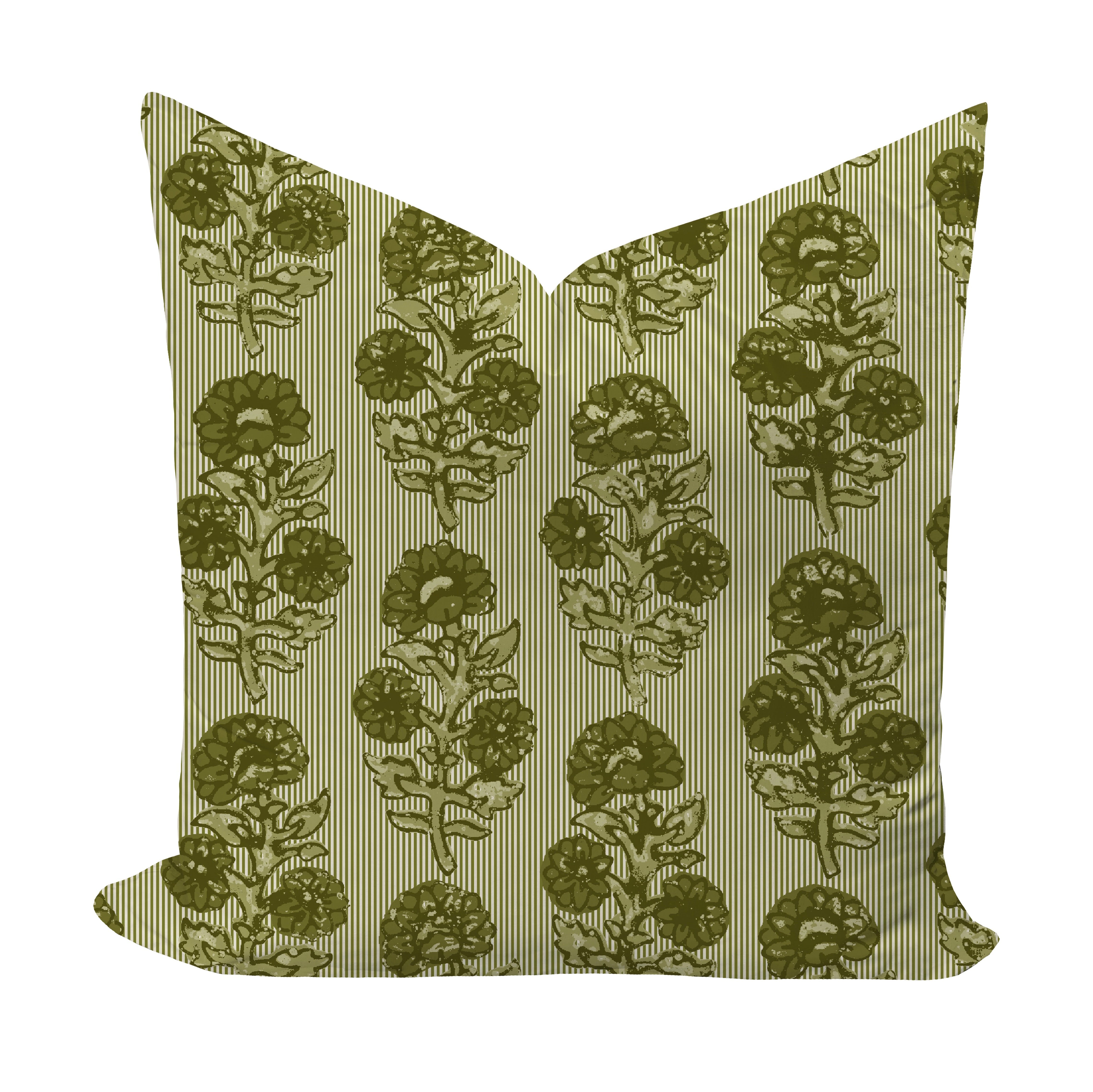 Striped and floral pillow cover in olive