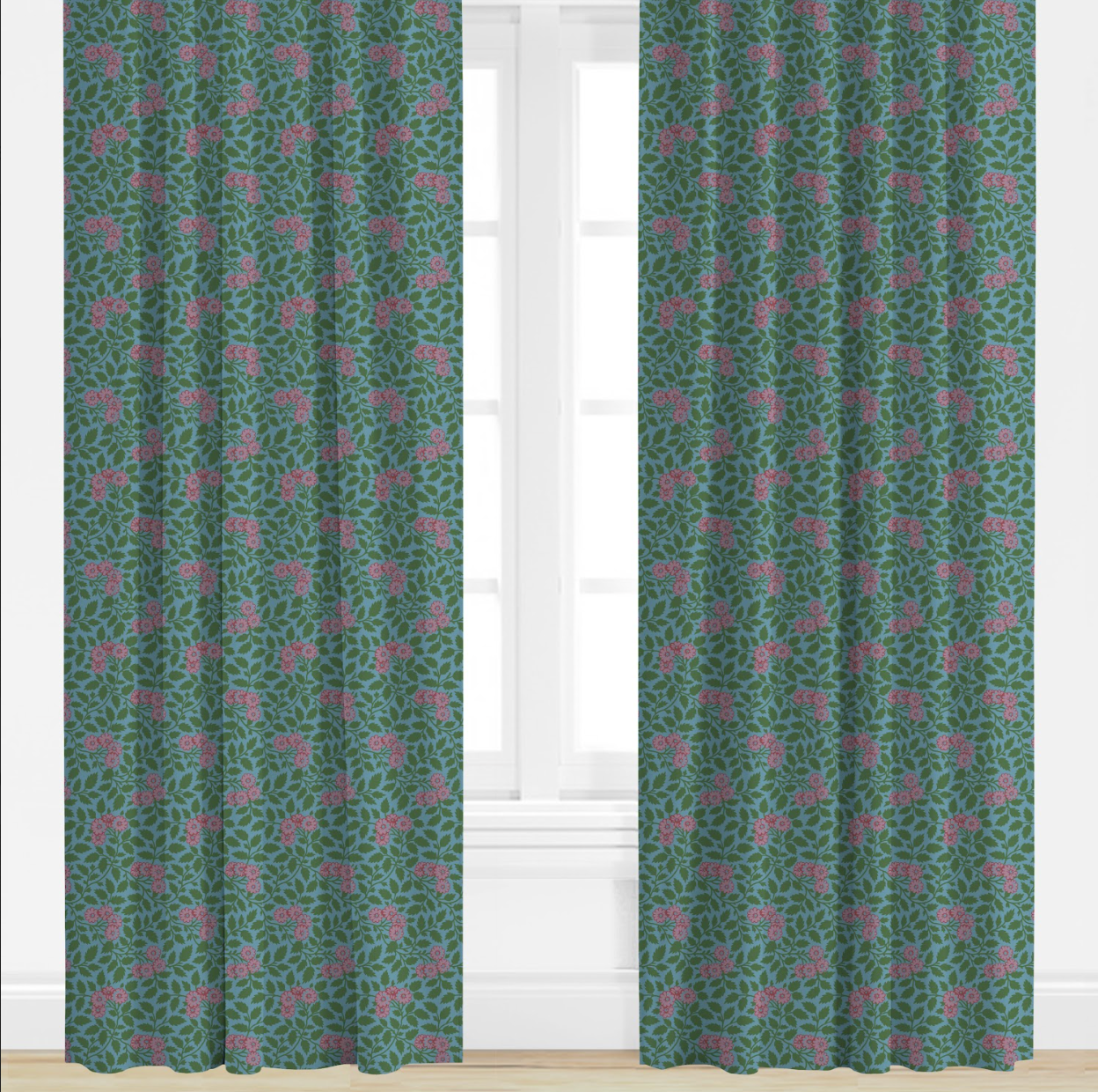 Green curtains with a floral pattern on a white window background