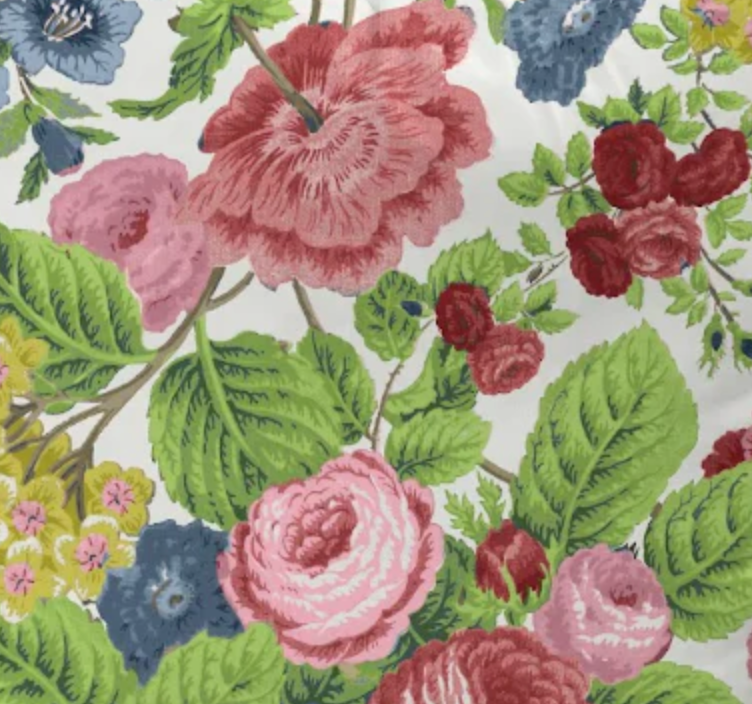 Bright red, green, blue and yellow floral pattern fabric by the yard