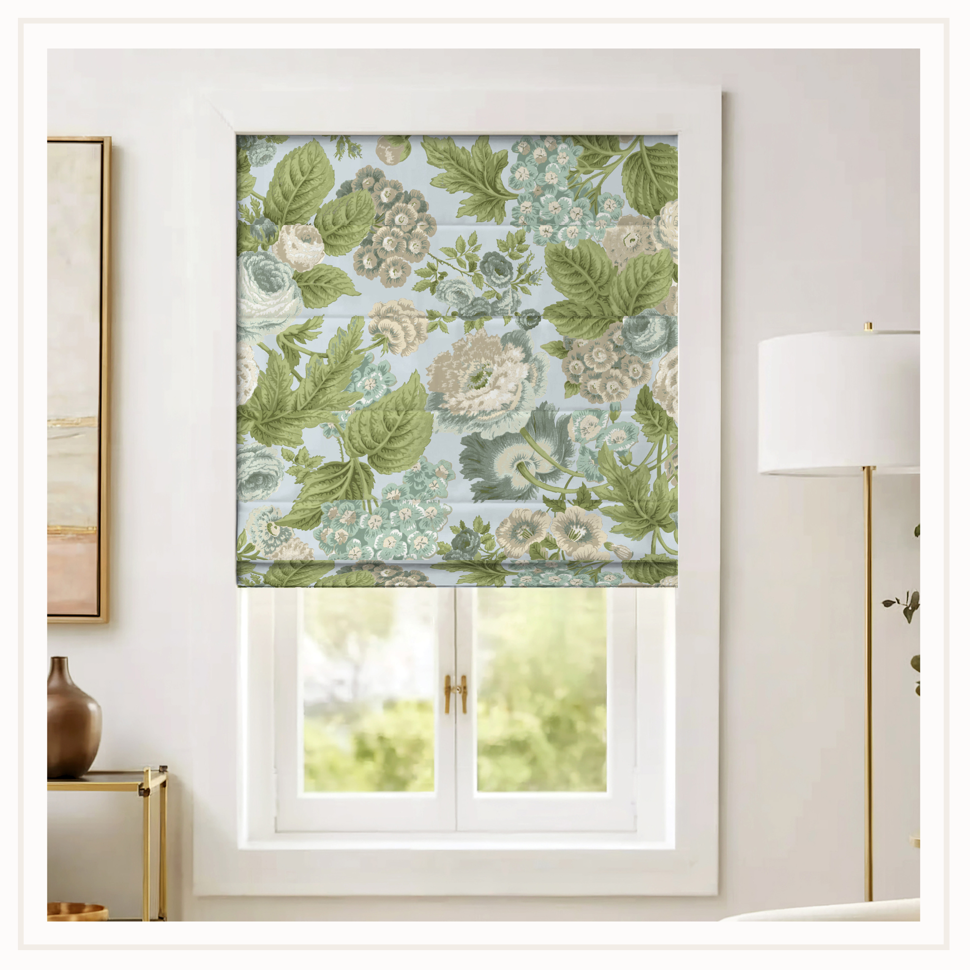 Roman shade in floral pattern in blue and green