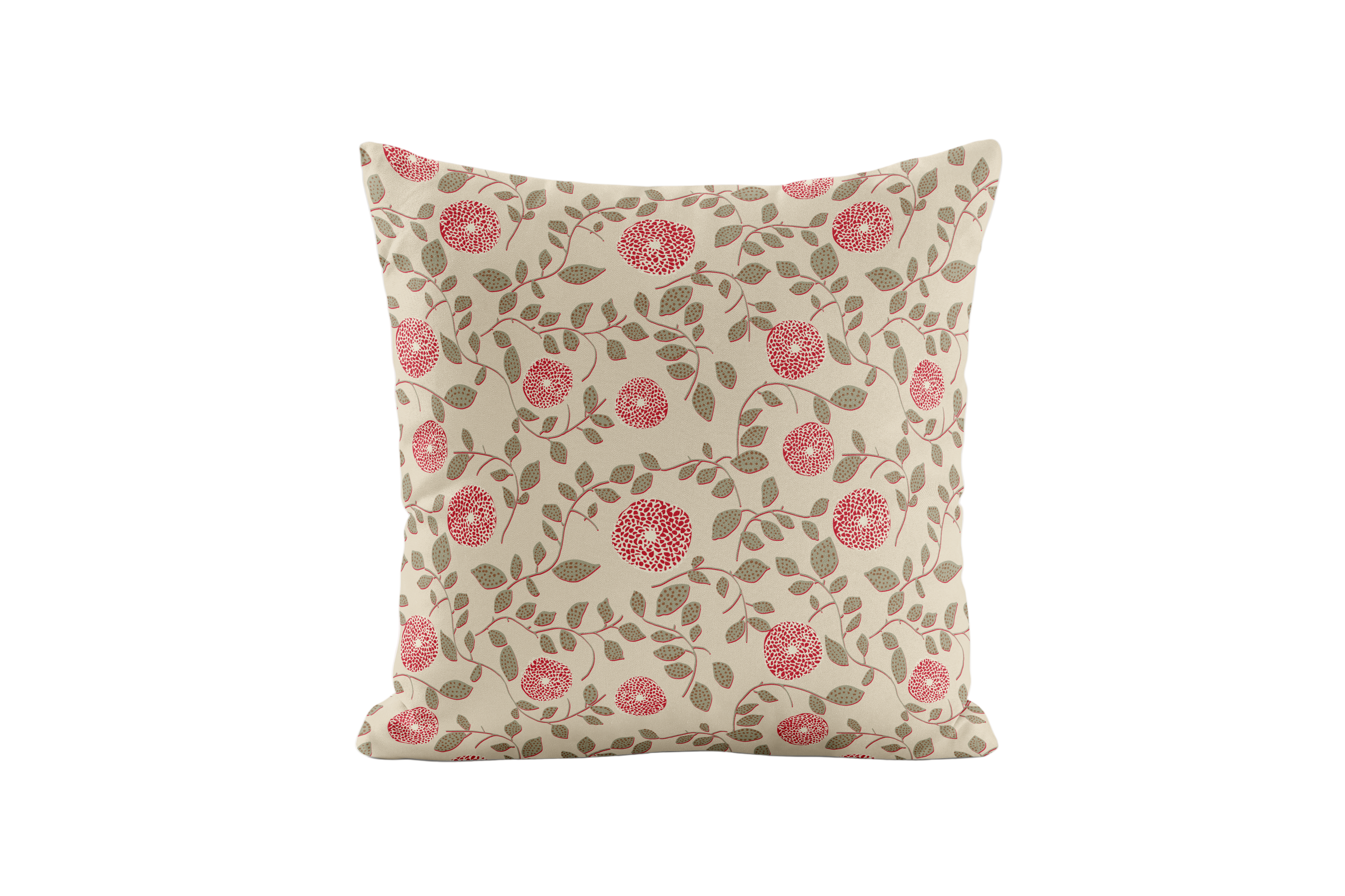 Decorative pillow with red and olive floral pattern 