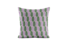 Decorative pillow with lavender and green geometric pattern on a white background