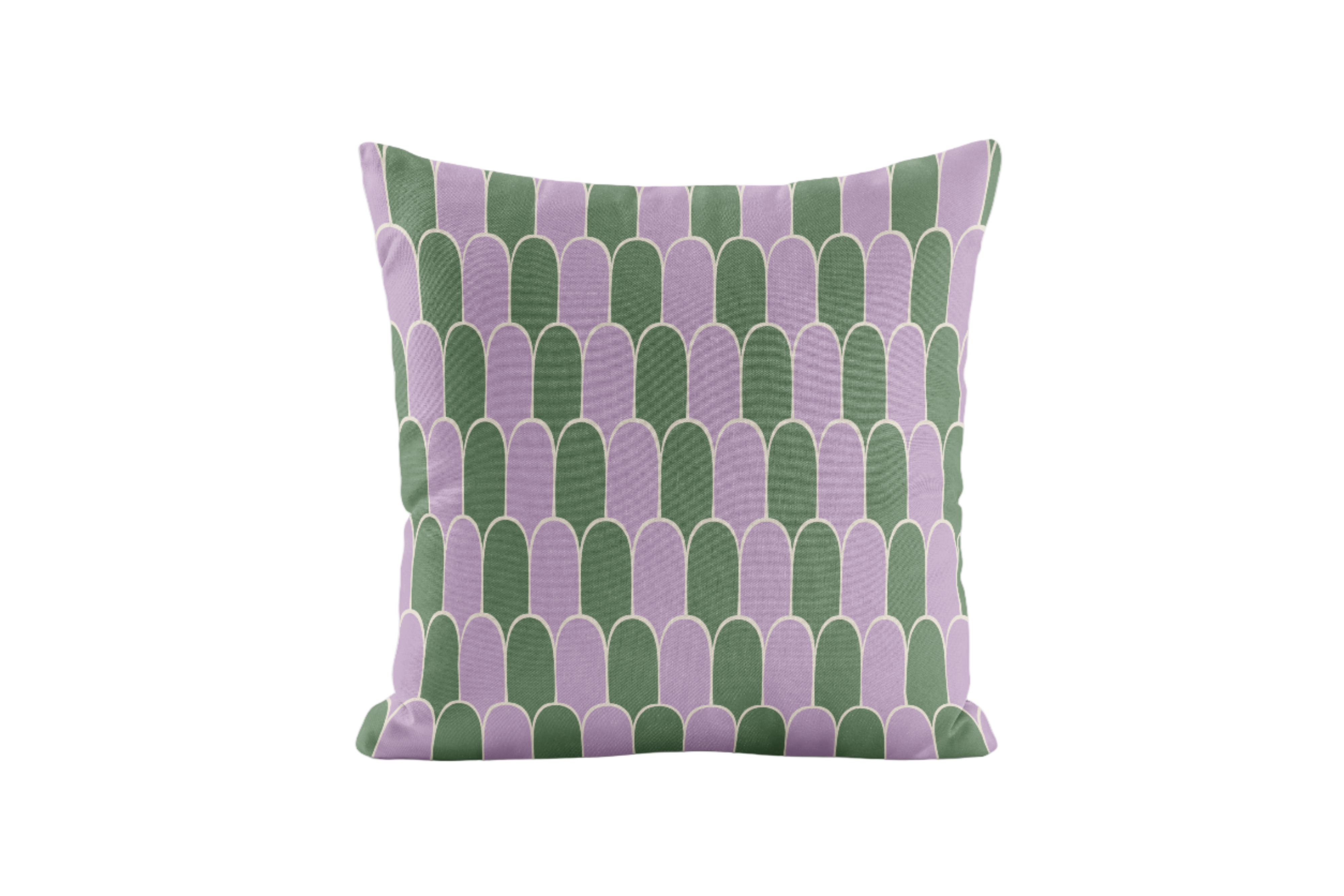Decorative pillow with lavender and green geometric pattern on a white background