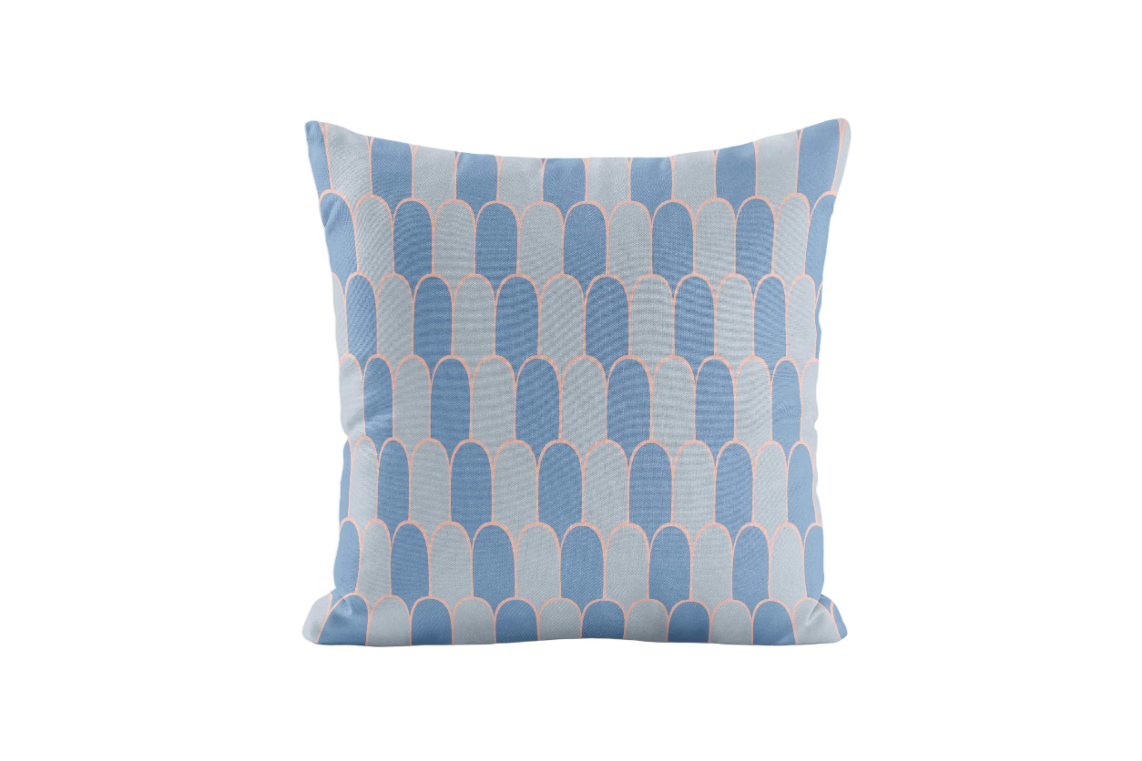 Decorative pillow with blue and pink geometric pattern on a white background