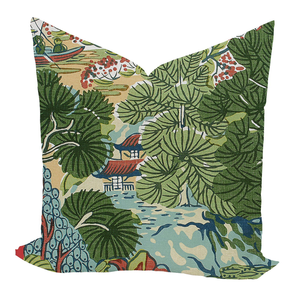 Decorative pillow with tropical leaf pattern on a white background