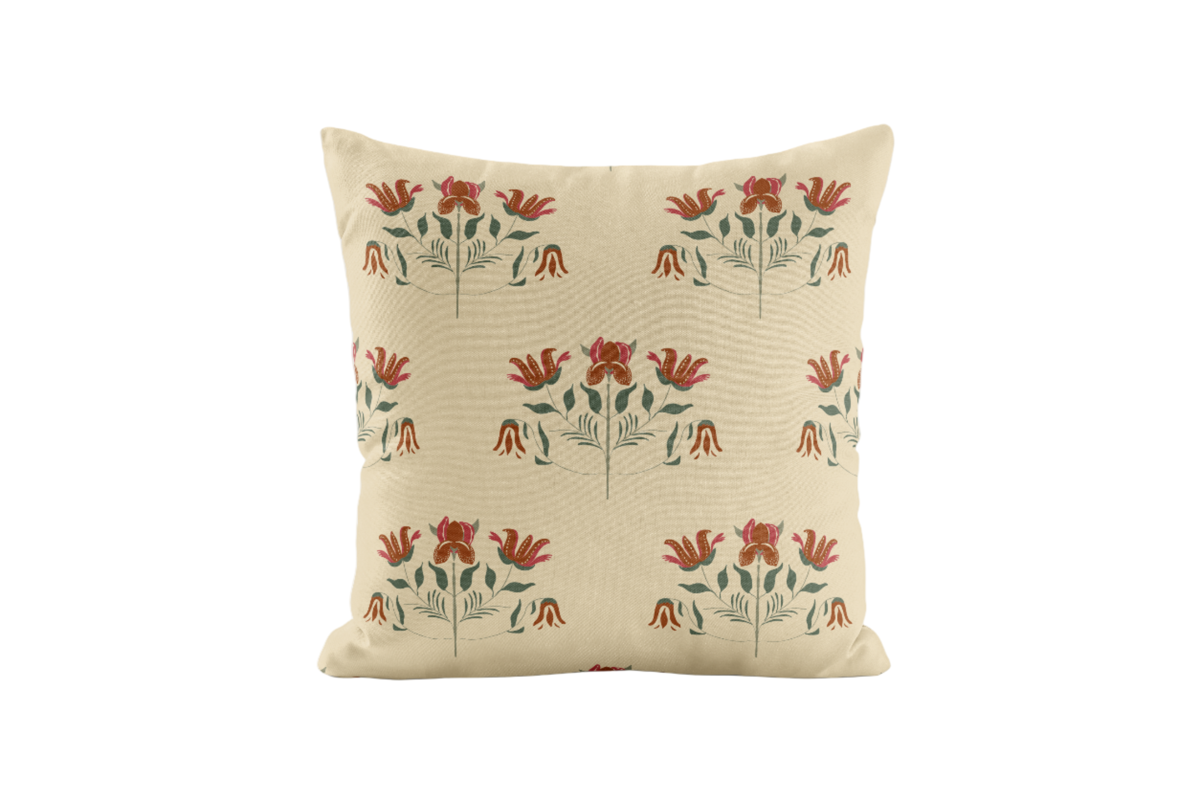Decorative pillow with red and ivory floral pattern on a beige background