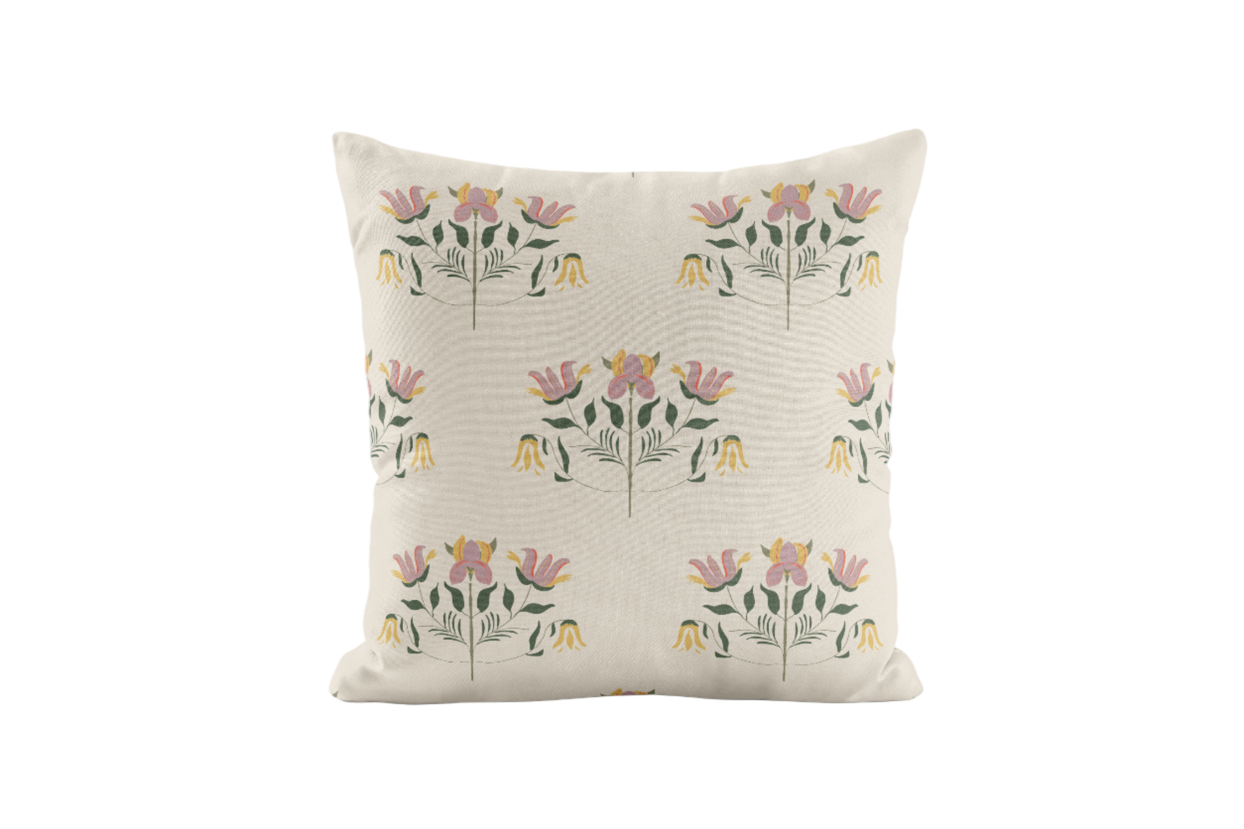 Decorative pillow with pink and green floral pattern on a white background