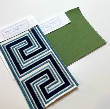 Blue Velvet Key Tape on Green Cotton Drapery Panel (Stain & Soil Repellant)