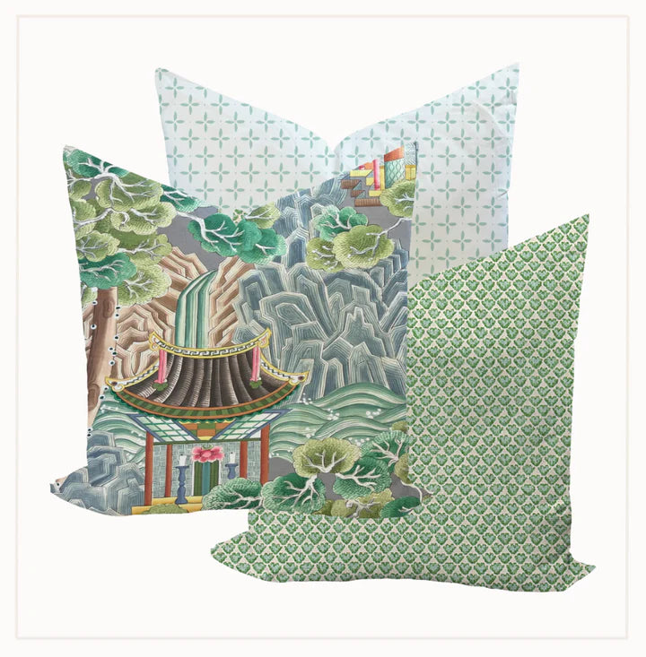 Three decorative pillows with Japanese-themed patterns on a white background