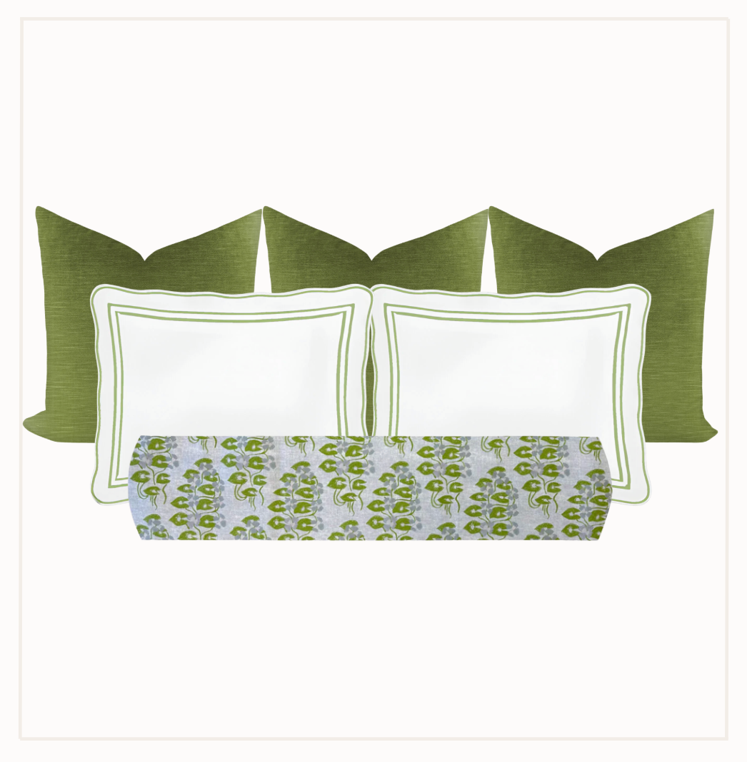 Set of green and white pillows with a patterned box on a white background