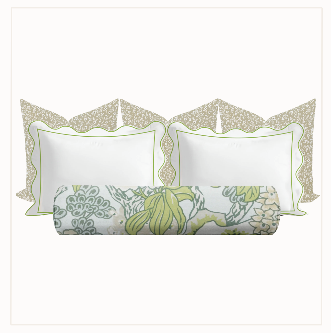 Floral patterned pillowcases with scalloped edges on a white background