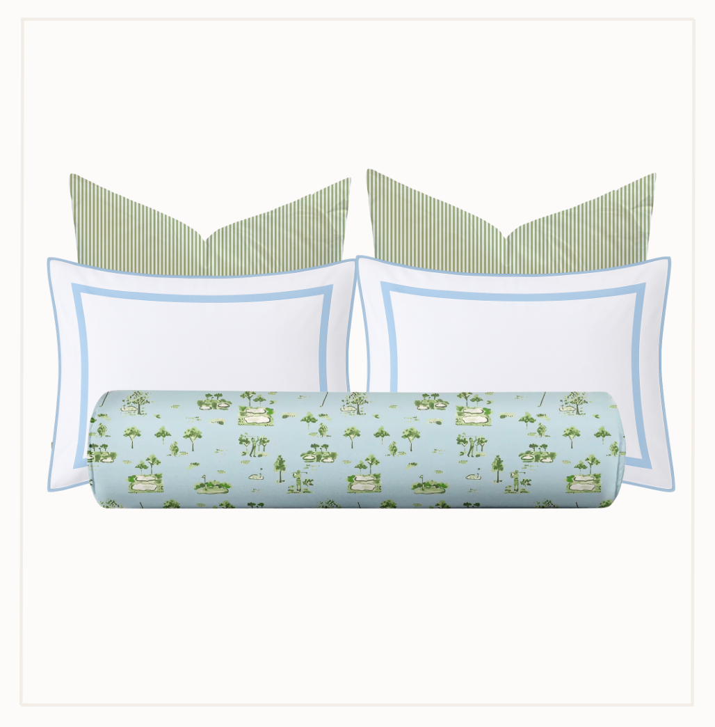 Set of pillows with green and white striped backs and a patterned blue pillowcase on a white background.
