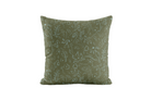 Pale blue floral pattern on green pillow cover, whimsical